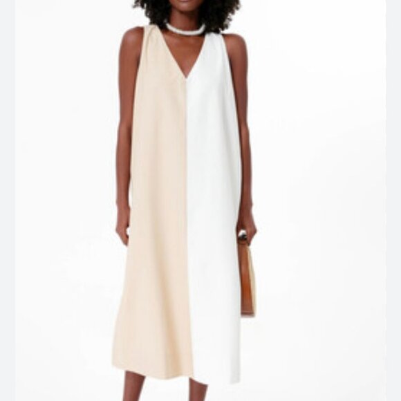 Tuckernuck Pomander Place 2 Tone White & Tan Sallie Midi Dress - Picture 1 of 10